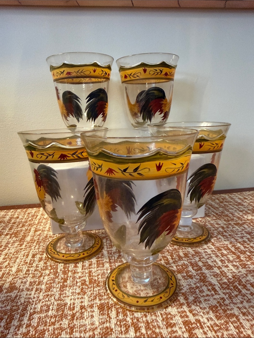 Hand-Painted Rooster Pedestal Glassware Set/5